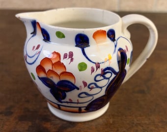 Antique Gaudy Welsh Porcelain Jug, Hand Painted Oyster Pattern, 19th Century.