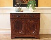 Antique Chestnut Marble Top Server Buffet with Carved Fruit Handles, American C.1860.
