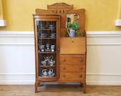 Antique Oak Side by Side Bow Front China Cabinet with Drop Front Bureau Desk, American C.1900