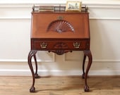Antique Mahogany Secretary Ladies Writing Desk, Chippendale Style, Carved Shell, Ball and Claw, 19th Century.