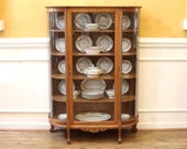 Antique Light Oak China Cabinet, Bow Front, Country Cottage Style, American C.1910