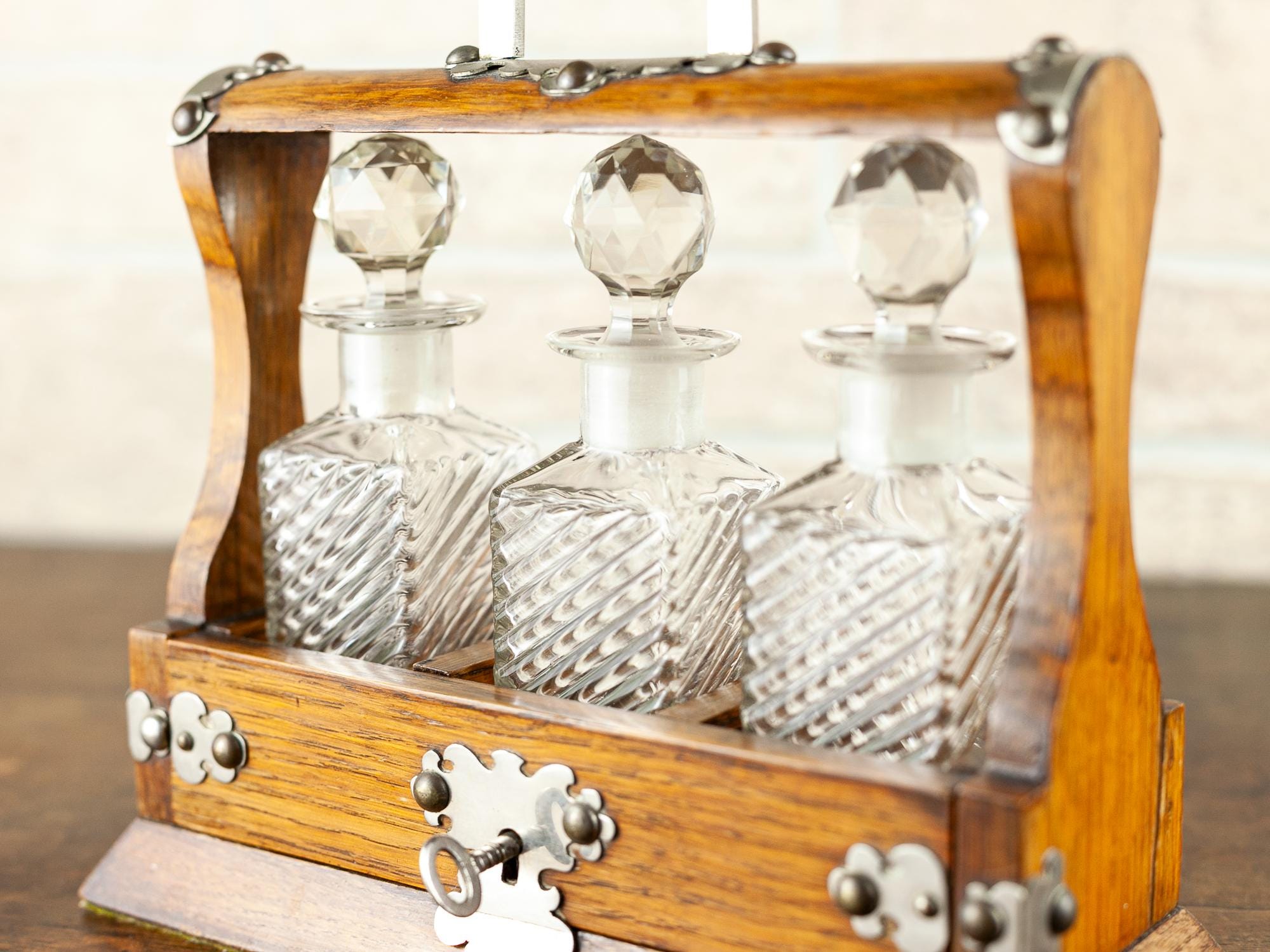 Rare Small Antique English Oak Tantalus With 3 Crystal Decanters