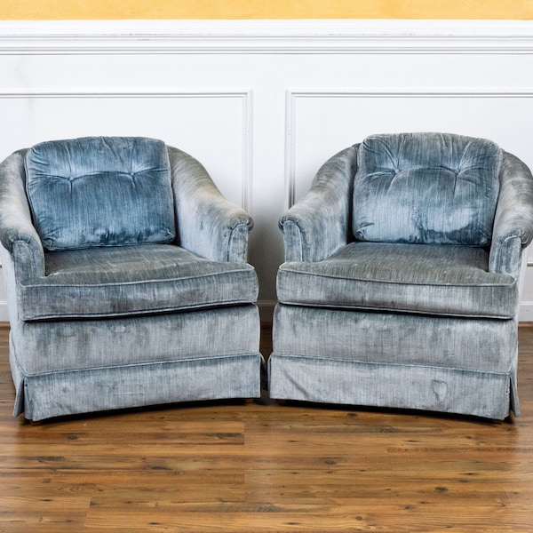 Vintage Mid Century Pair Blue Gray Velvet Barrel Back Tub Armchairs. Clyde Pearson Company.