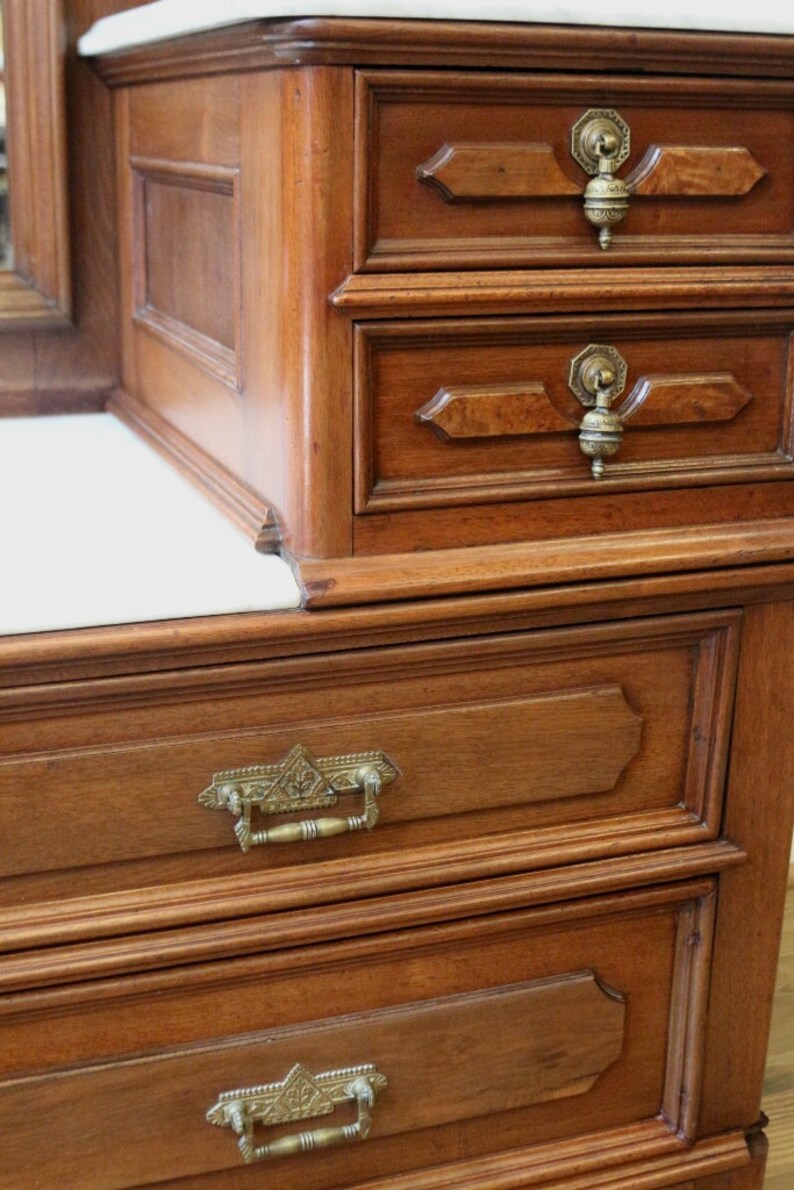 Carved Walnut Huge Antique Gentleman's Dresser American C.1880. Victorian Eastlake Marble Top