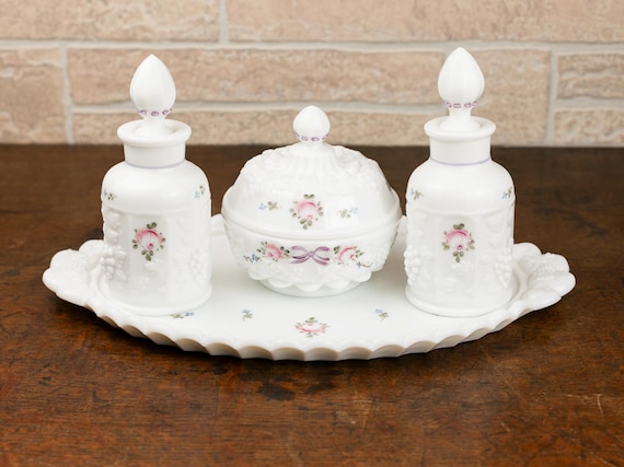 Vintage Westmoreland Milk Glass Hand Painted Dresser Set. c.1950
