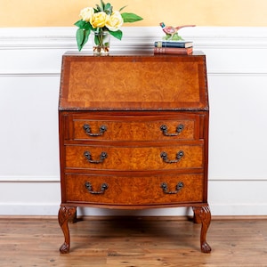 Vintage Mid Century English Carved & Burled Walnut Slant Front Secretary Desk. Made by &quot;Shaw of London&quot;.