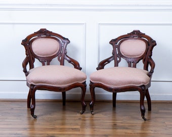 Pair Antique Victorian Renaissance Style Walnut Bedroom or Parlor Chairs C.1860