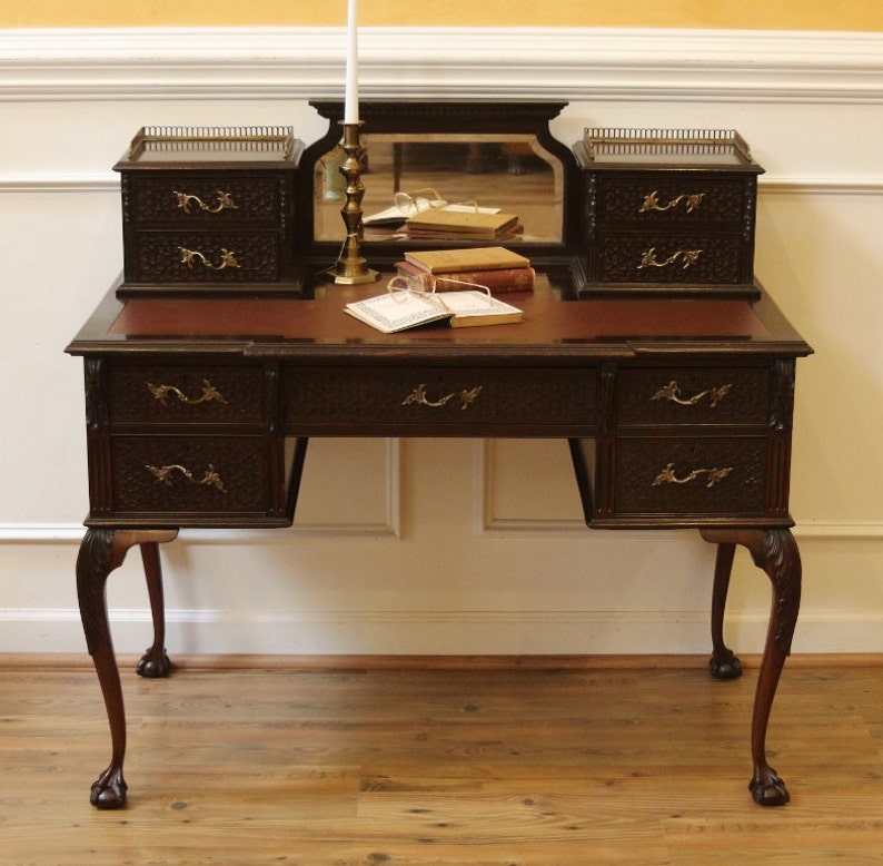 Antique Chippendale Desk Ladies Writing Table English Carved Mahogany Leather Top