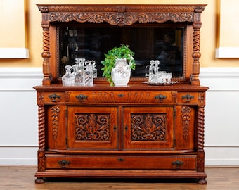 Antique Oak Heavily Carved Barley Twist, Lion Face, Mirror Back Sideboard.