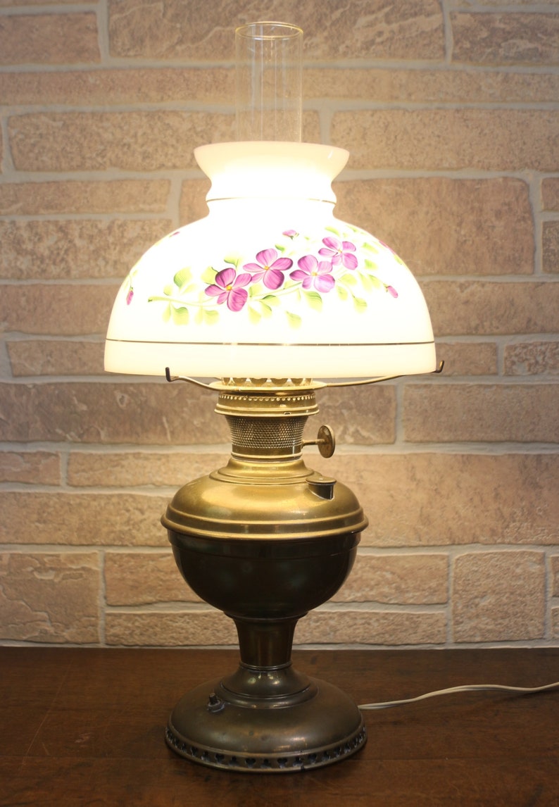 Antique Brass Converted Oil Lamp with Hand Painted Milk Glass Etsy