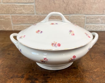Antique English Covered Serving Tureen, Floral Transferware Pattern.
