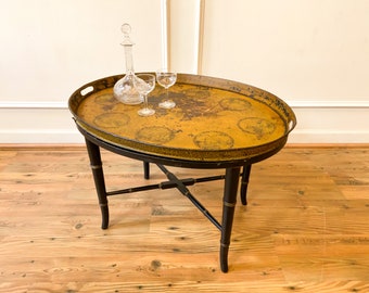 Antique 1920's Black Painted Oval Metal Tray Top Cocktail Table.