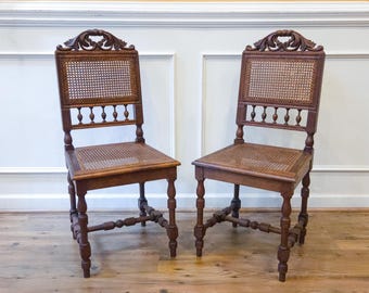 Antique French Carved Oak Chairs, Cane Seat and Back, Late 19th Century Pair