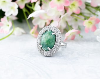 Oval Cabochon Beryl Emerald and White Sapphire Cocktail Ring Set in Sterling Silver.