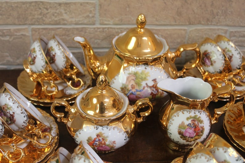 Vintage Gold Tea Set for 12 Courting Couple Pattern Bavaria Etsy