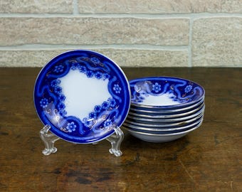 Set of 8 Antique Flow Blue Small 5" Bowls, Utzschneider & Cie. Germany.