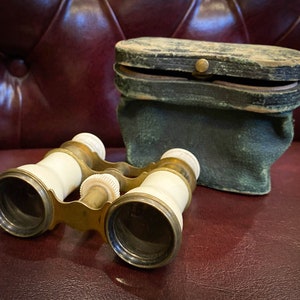 Antique English Bone and Brass Opera Glasses, Theater Binoculars in Original Case.