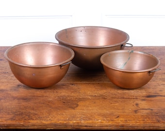 Antique Copper Nesting Round Bottom Mixing Bowls Set of 3.