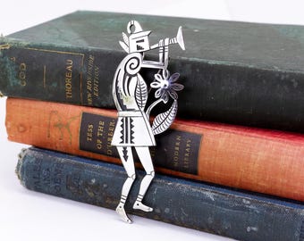Large Vintage Native American Sterling Silver Kokopelli Flute Player Pin Pendant by Kopavi