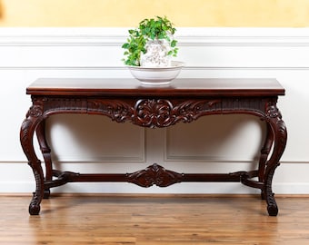 Antique Heavily Carved and Inlaid Mahogany Flip Top Console Sofa Table.