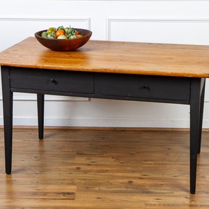 Antique Rustic Pine Dining or Work Table With Black Painted Base.