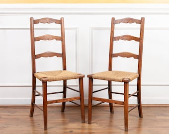 Pair of Antique English Oak Ladderback Chairs with Rush Seats 19th Century.