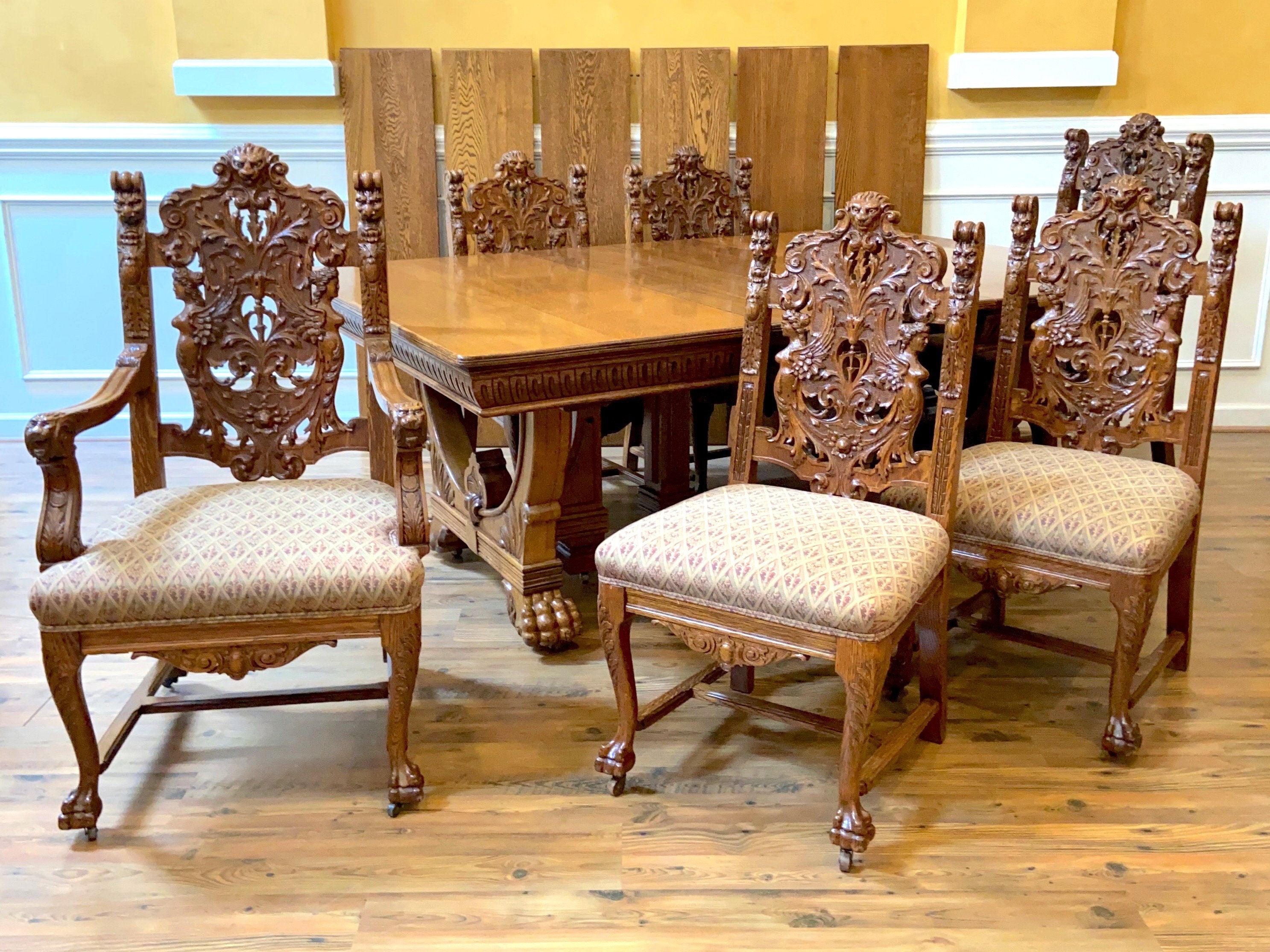 Antique Heavily Carved Oak Dining Set Extending Dining Table and