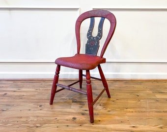 Antique 19th Century Folk Art Red Painted and Stenciled Pine Dining Chair.