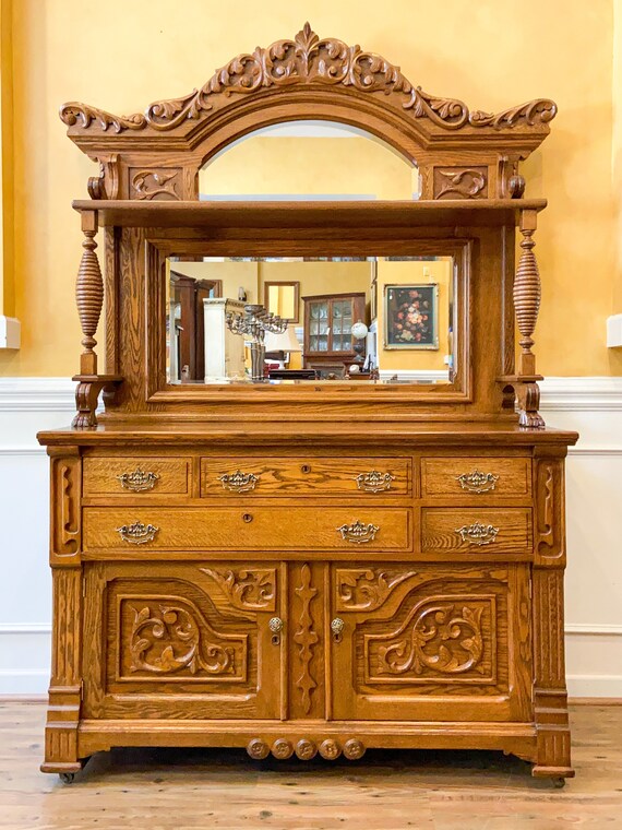 Antique Oak Large Ornate Mirror Back Sideboard American C.1900. Etsy