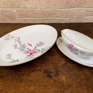 Vintage 1950s Noritake Gravy Boat and Platter Set: Floral Gold Trim