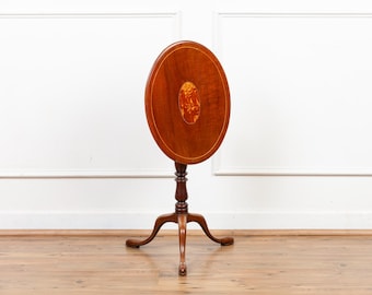 Antique Late 18th Century Inlaid Mahogany Small Oval Tilt-Top Pedestal Side Table.