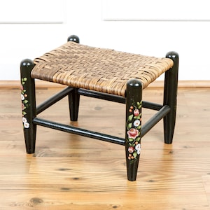 Vintage Hand Painted Small Wooden Footstool with Woven Reed Seat.