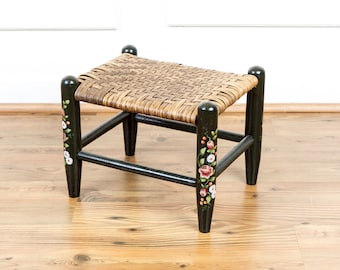 Vintage Hand Painted Small Wooden Footstool with Woven Reed Seat.