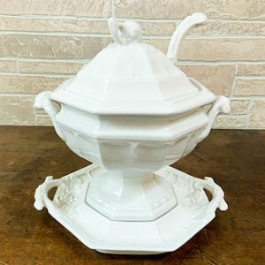 Vintage White Ironstone Soup Tureen with Ladle and Under Plate, Grape Pattern, Red Cliff, Chicago, USA. C. 1960.