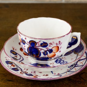 Antique Gaudy Welsh Tea Cup, Saucer & Side Plate Trio 19th C. British.