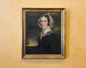 Antique 18th/19th Century English Folk Art Portrait Painting of a Lady, Restored.