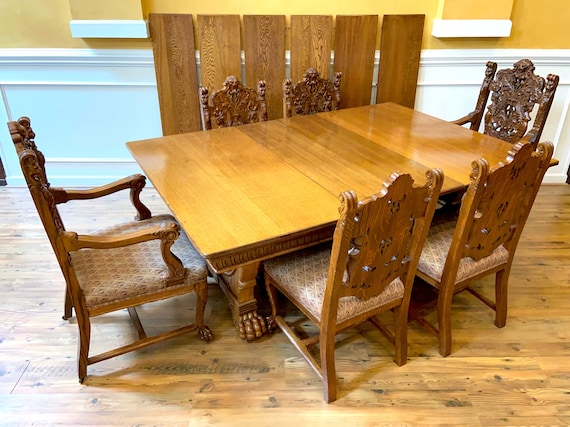 Antique Heavily Carved Oak Dining Set Extending Dining Table - Etsy
