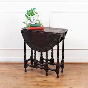 Antique Drop Leaf Table Carved Dark Oak Late 19th Century English
