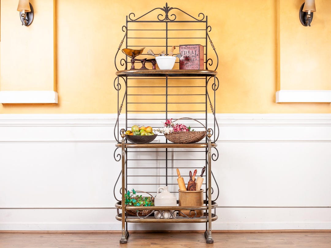 Antique French Iron and Brass Etagere Bakers Rack, Made in Paris