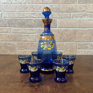 Vintage Cobalt Blue Hand Painted Venetian Style Decanter and 6 Shot Glasses Set.