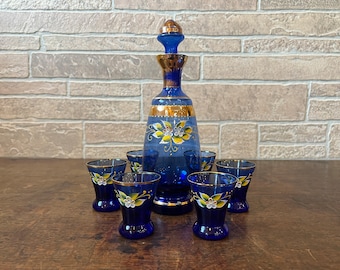 Vintage Cobalt Blue Hand Painted Venetian Style Decanter and 6 Shot Glasses Set.