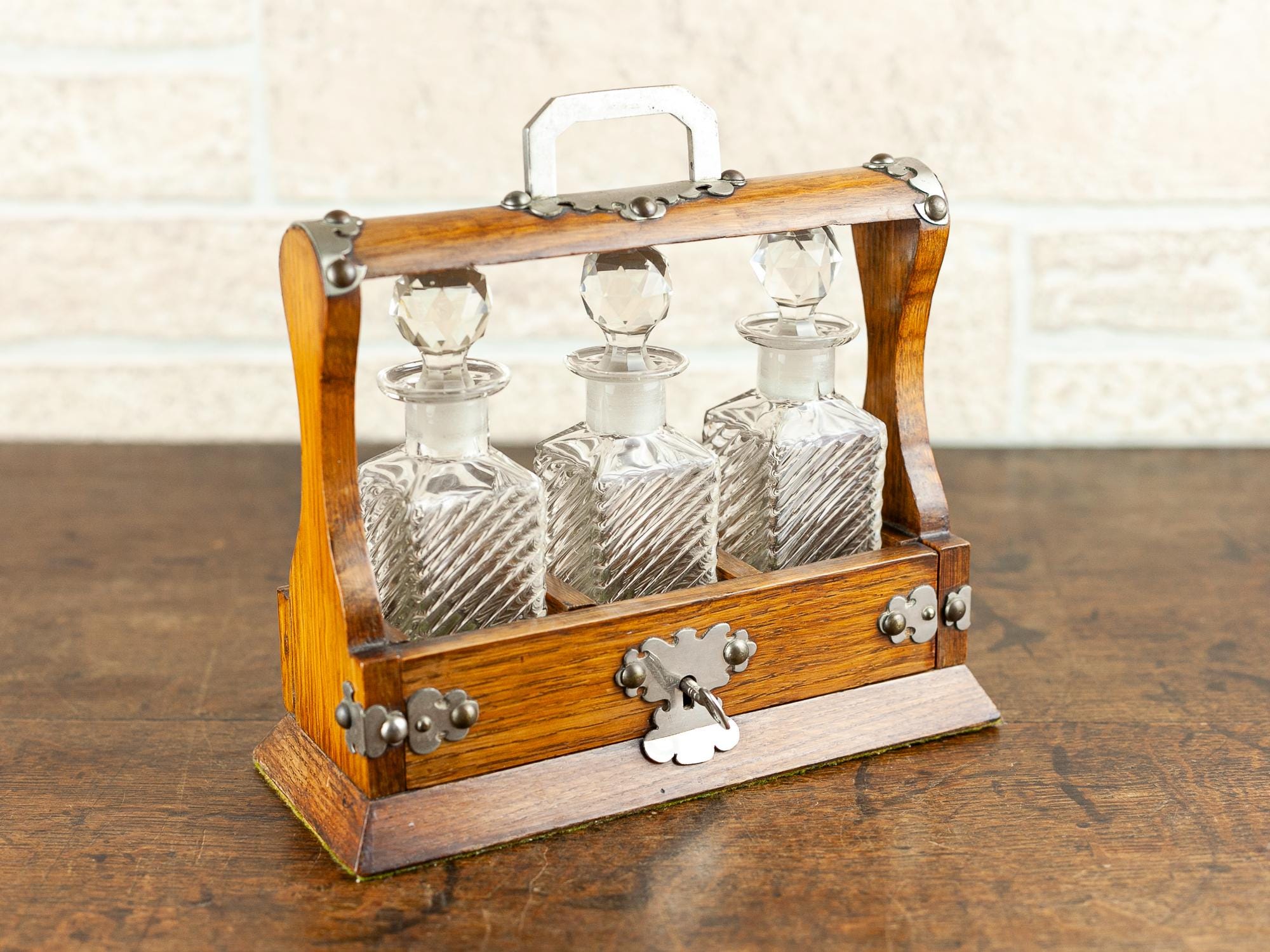 Rare Small Antique English Oak Tantalus With 3 Crystal Decanters