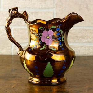 Antique Copper Luster Jug, Hand Painted, English Victorian Pottery Pitcher 19th Century.