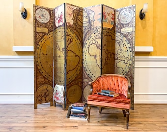 Hand Decorated Atlas Screen, Mid-Century 6-Panel Room Divider: Arcticus Atlas Theme