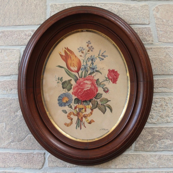 Antique Victorian Oval Mahogany Frame with Vintage Botanical Floral Print.