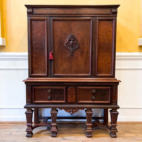 Antique 1920's Jacobean Revival Walnut China Cupboard or Bar Cabinet by Mohlhenrich.