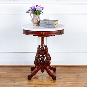 Antique Eastlake Carved Walnut Oval Marble Top Side Table