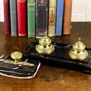 Antique French Black Marble & Gilt Bronze Double Inkwell Pen Holder and Blotter Desk Set