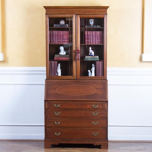 Antique Inlaid Mahogany English Bureau Bookcase Secretary c.1900