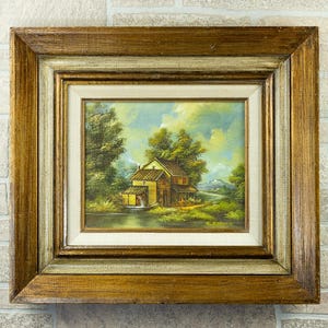 Vintage Gallery Framed Original Oil On Canvas Painting, Old Country Cabin Scene Artist Signed K. Bernath